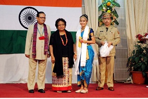 The Governor of Arunachal Pradesh, Shri JP Rajkhowa and First Lady Smti. Rita Rajkhowa  with Miss. Tage Kanya, Classical Dancer on the occasion of Communal Harmony-Our Pride, Our Strength�, at Darbar Hall, Raj Bhavan, Itanagar on 19th February 2016.